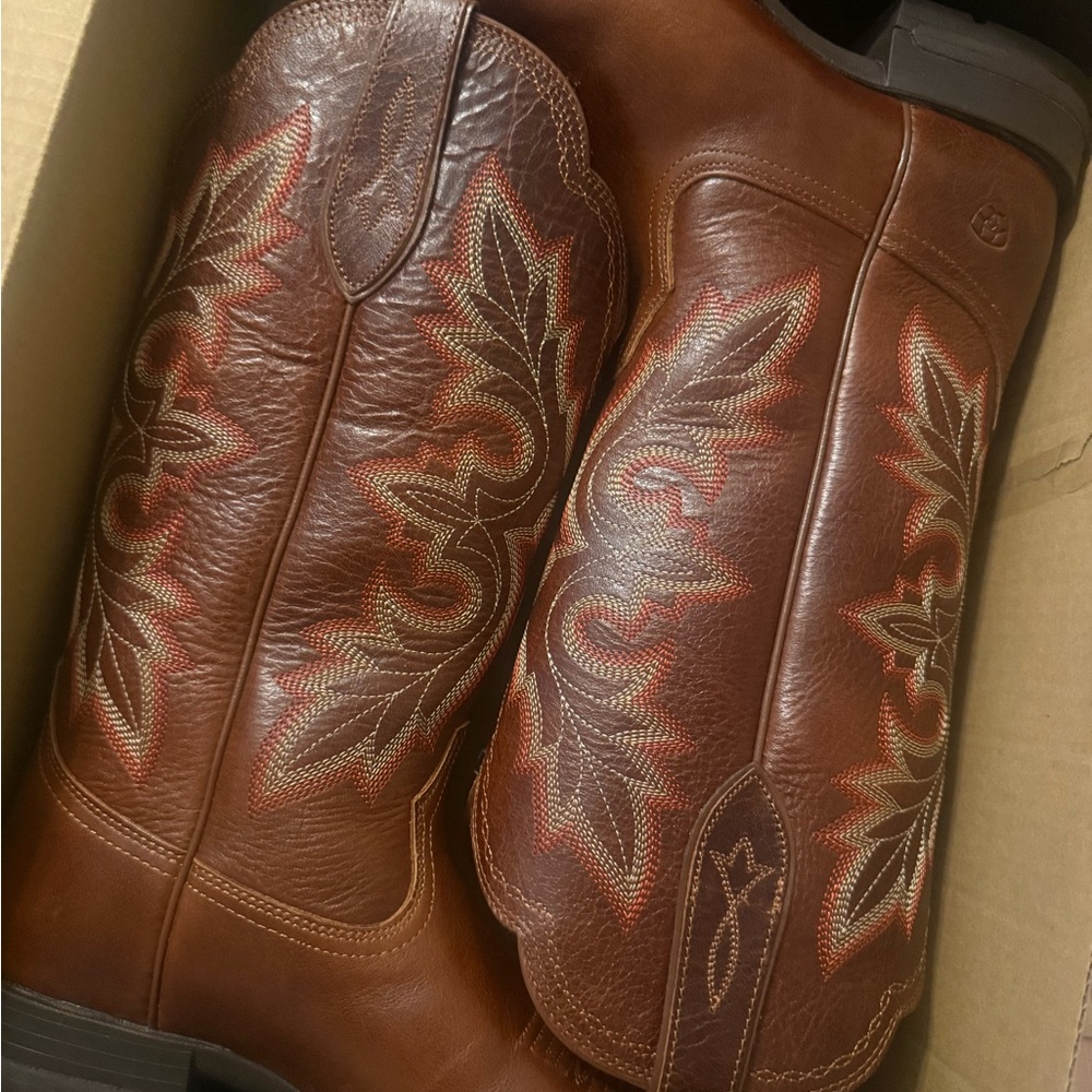Ariat Brown Leather Boots with Red and Tan Embroidery